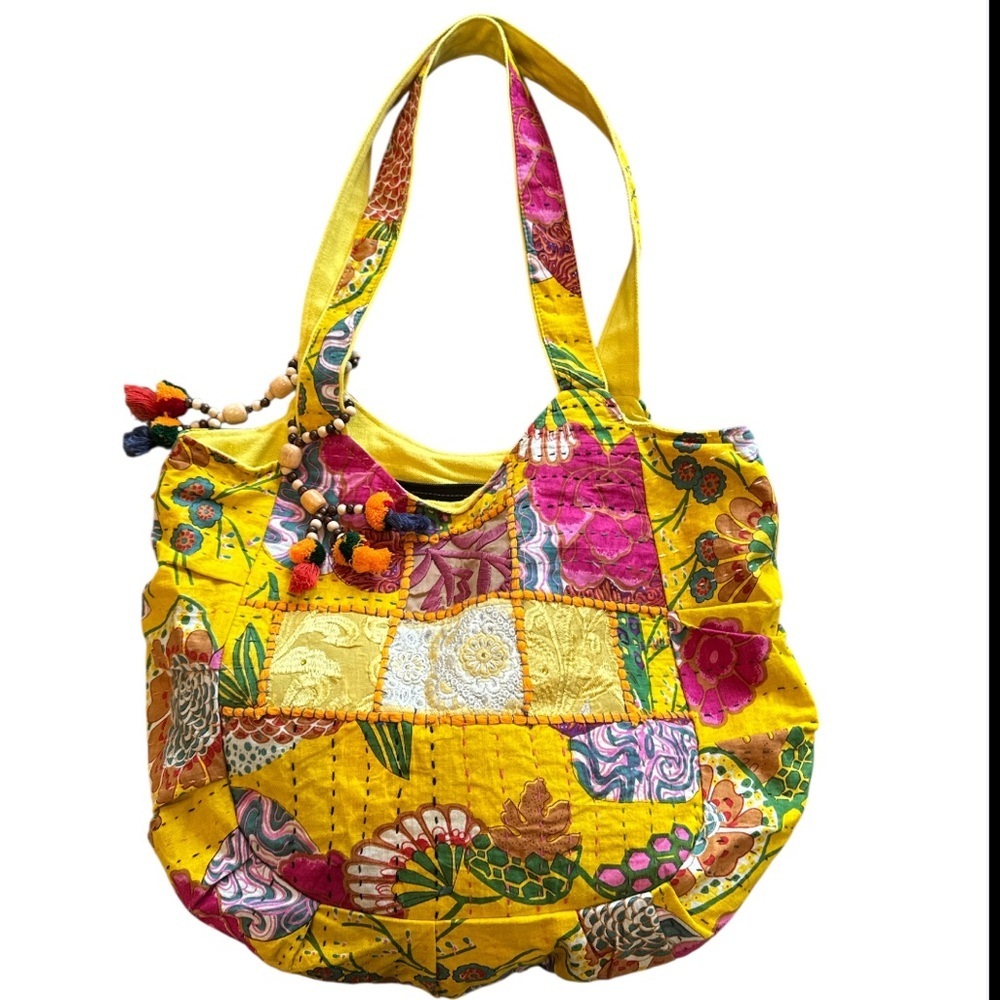Tribe Azure Fair Trade Cotton Yellow Multi Patchwork Boho Tassel Tote Bag NWOT - Picture 16 of 16